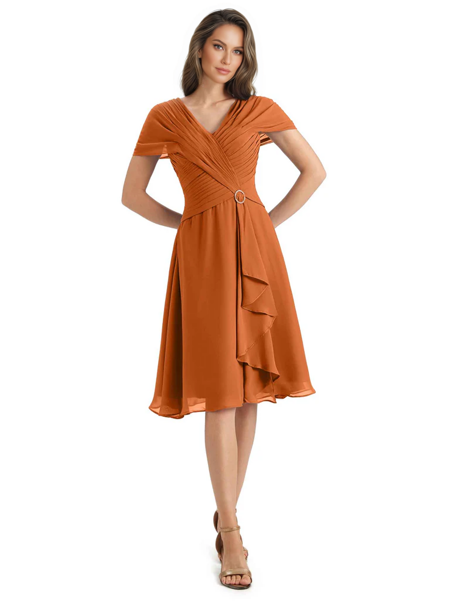 Mother of the Bride Dress Knee-Length V-Neck Chiffon Gown with Ruched Bodice
