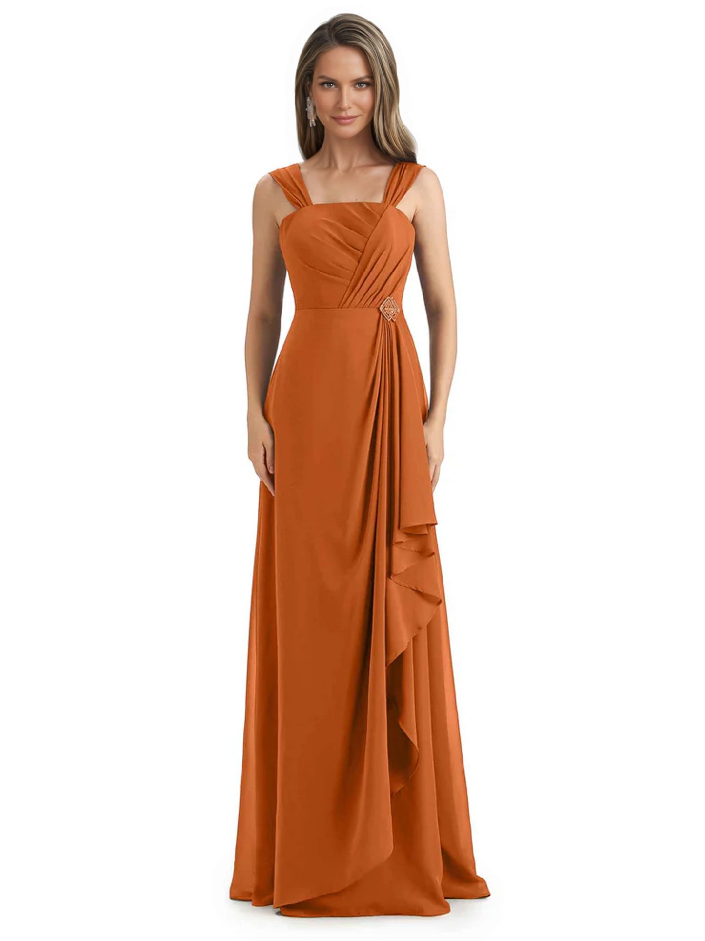 Square Neck Mother of the Bride Dress Floor-Length Chiffon Gown with Ruched Bodice