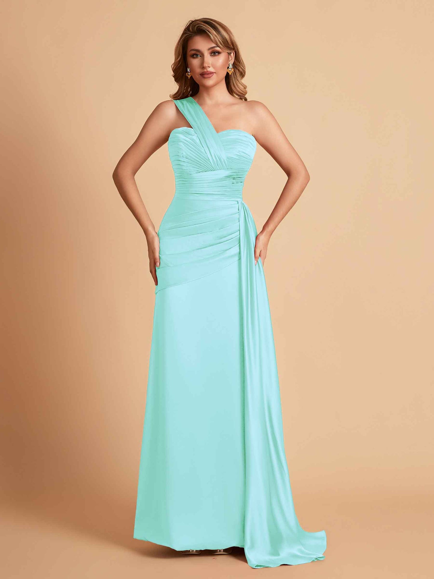 Sexy Satin Sheath One Shoulder With Train Elegant Long Bridesmaid Dresses