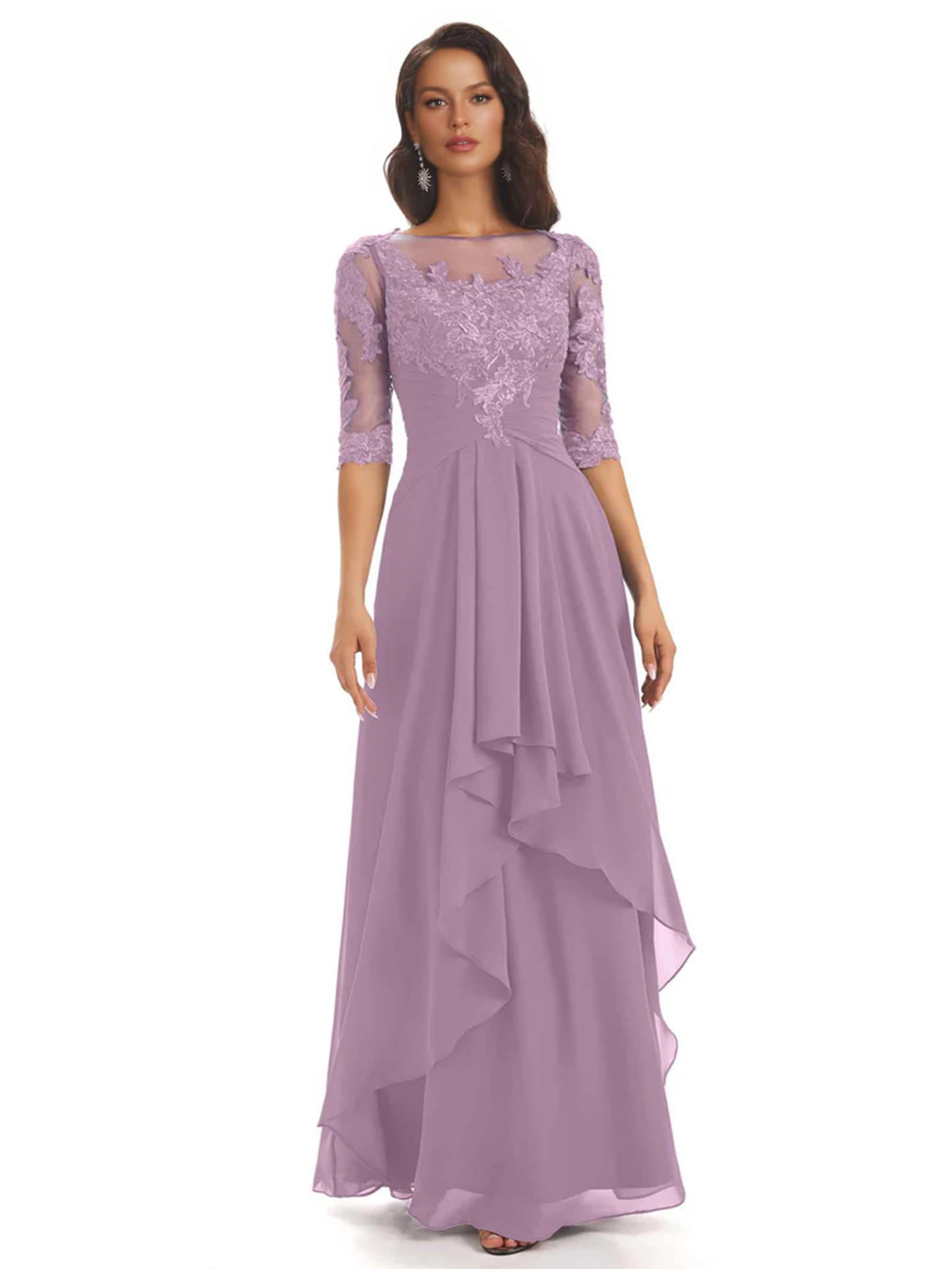 Elegant Lace A-line Chiffon Half Sleeves Mother of the Brides Dresses Floor Length