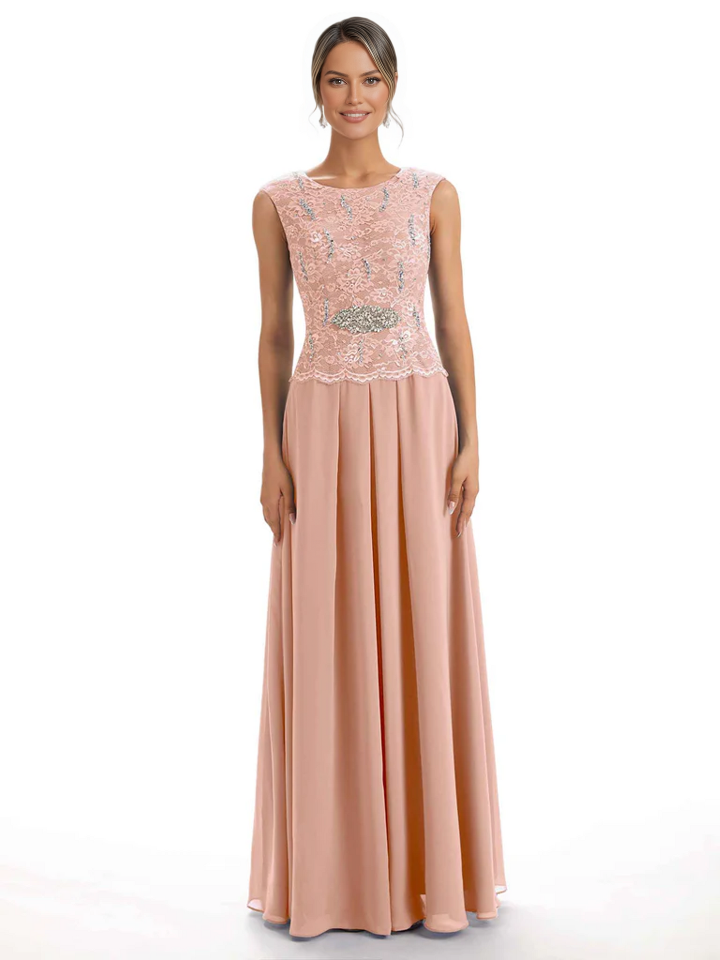 Mother of the Bride Dress Floor-Length Chiffon Gown with Embroidered Lace Bodice