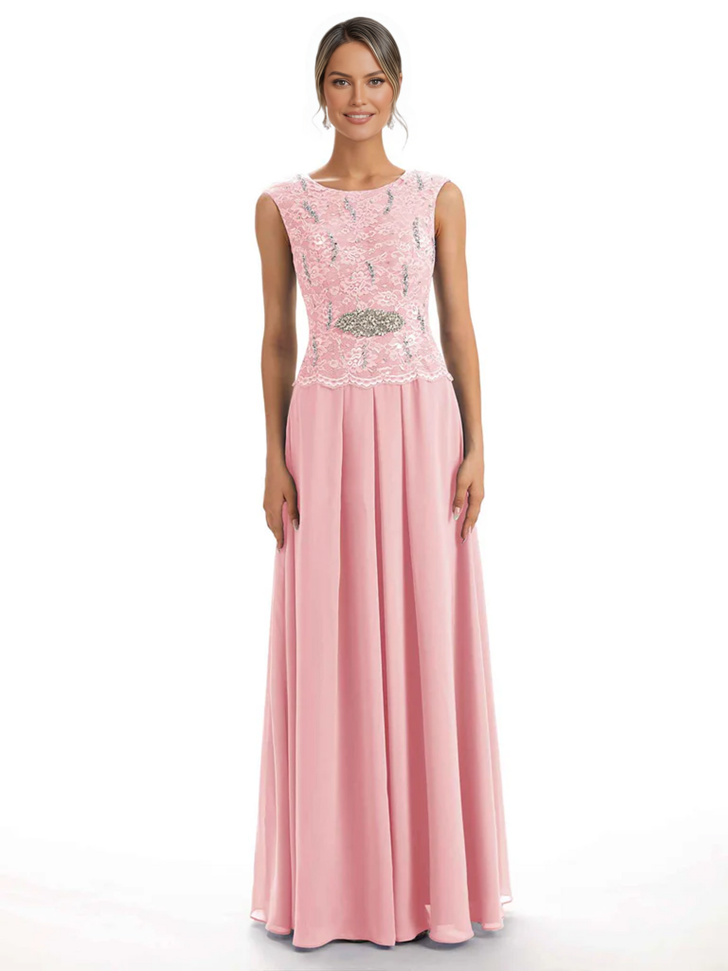 Mother of the Bride Dress Floor-Length Chiffon Gown with Embroidered Lace Bodice