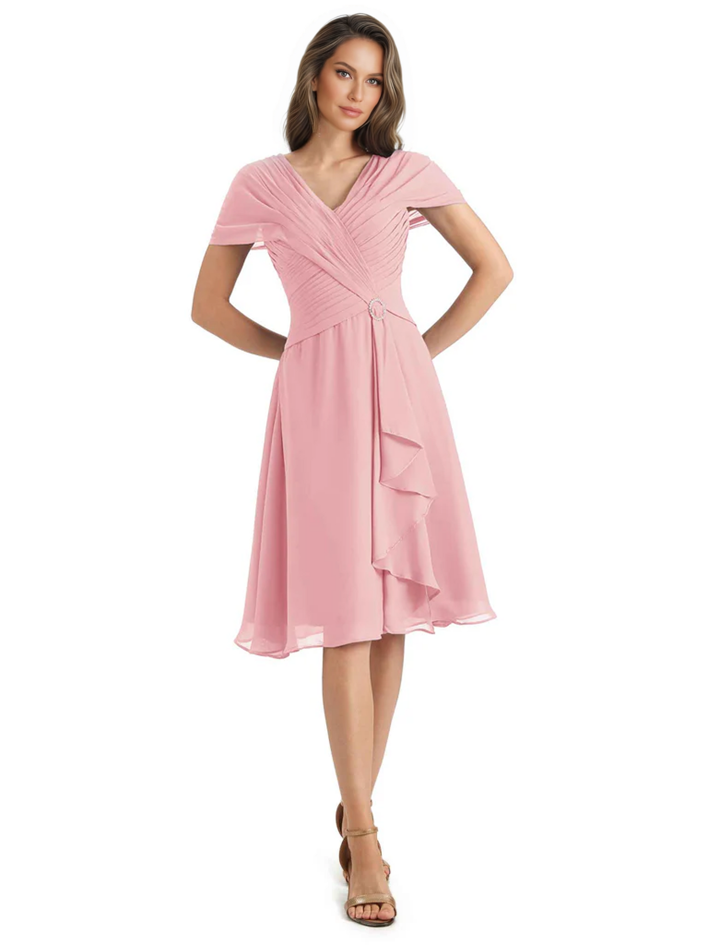 Mother of the Bride Dress Knee-Length V-Neck Chiffon Gown with Ruched Bodice