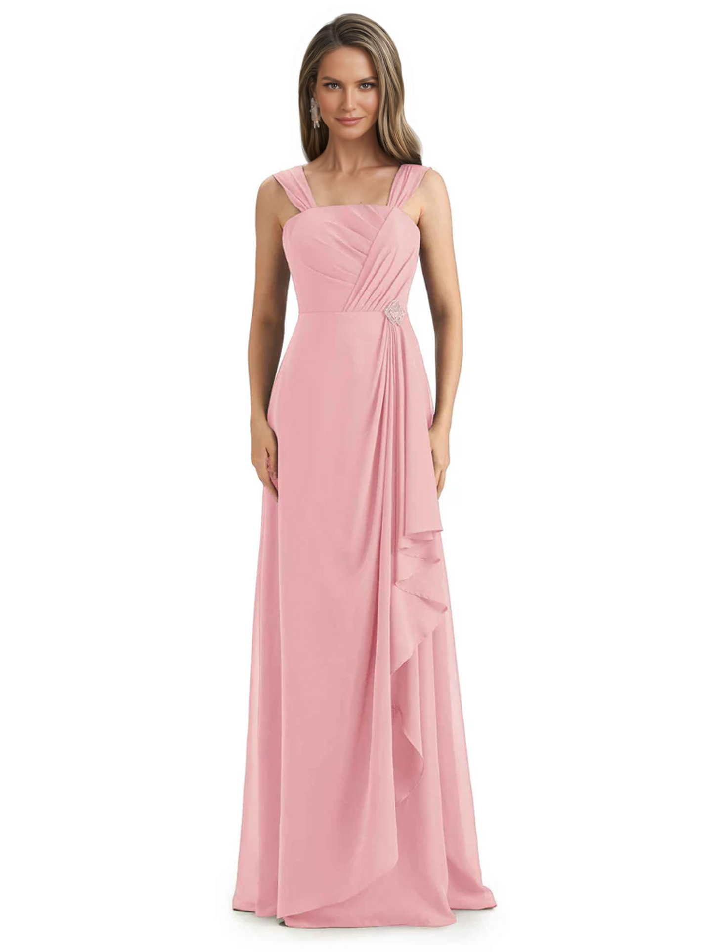 Square Neck Mother of the Bride Dress Floor-Length Chiffon Gown with Ruched Bodice