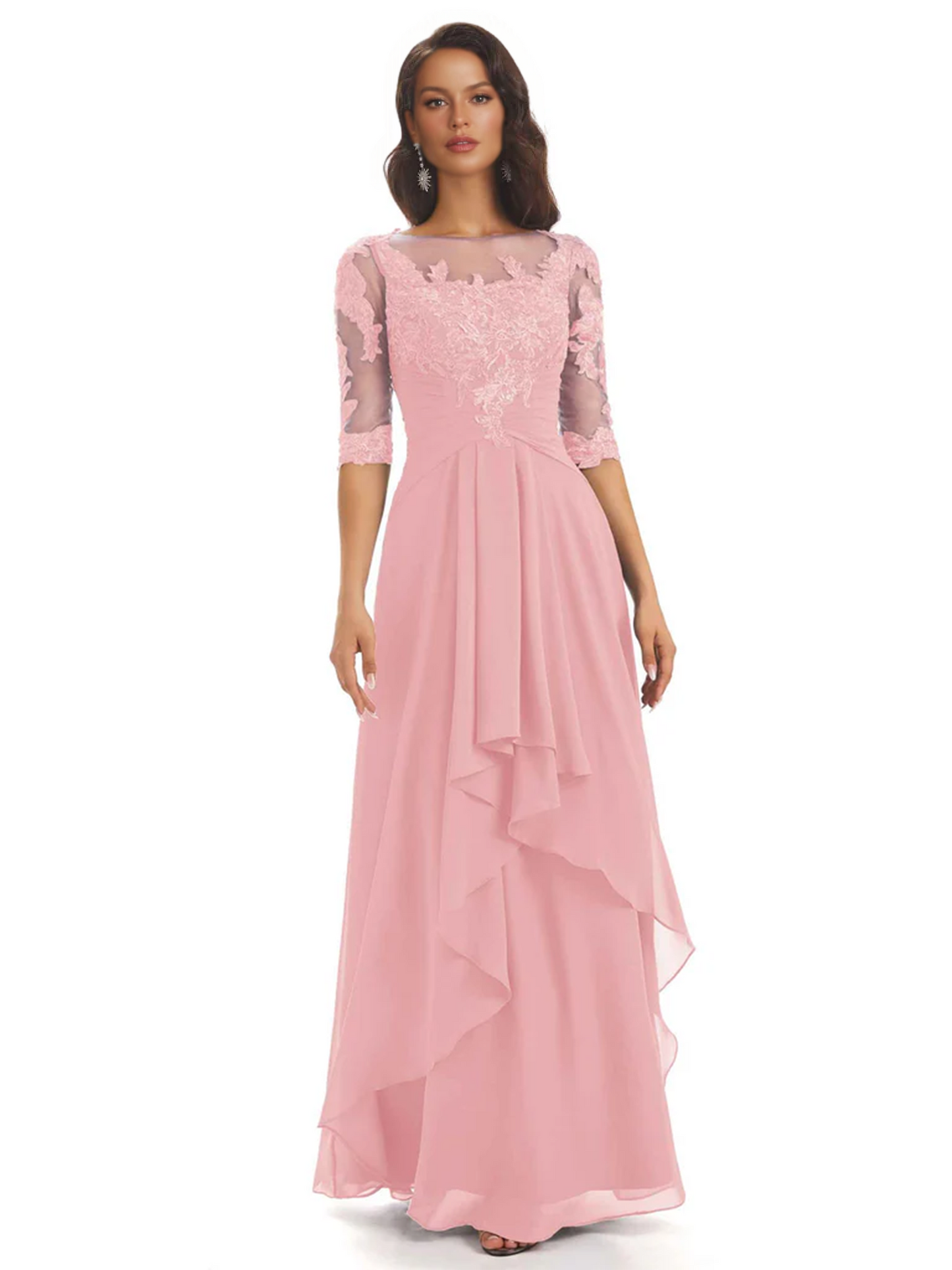 Elegant Lace A-line Chiffon Half Sleeves Mother of the Brides Dresses Floor Length