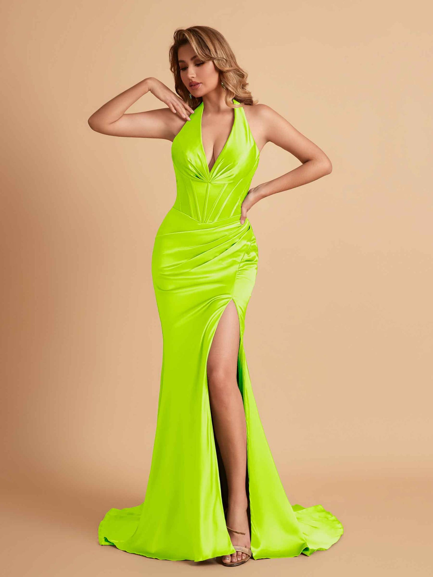 Sexy Halter Satin V-neck Mermaid Corset Top Long Bridesmaid Dresses