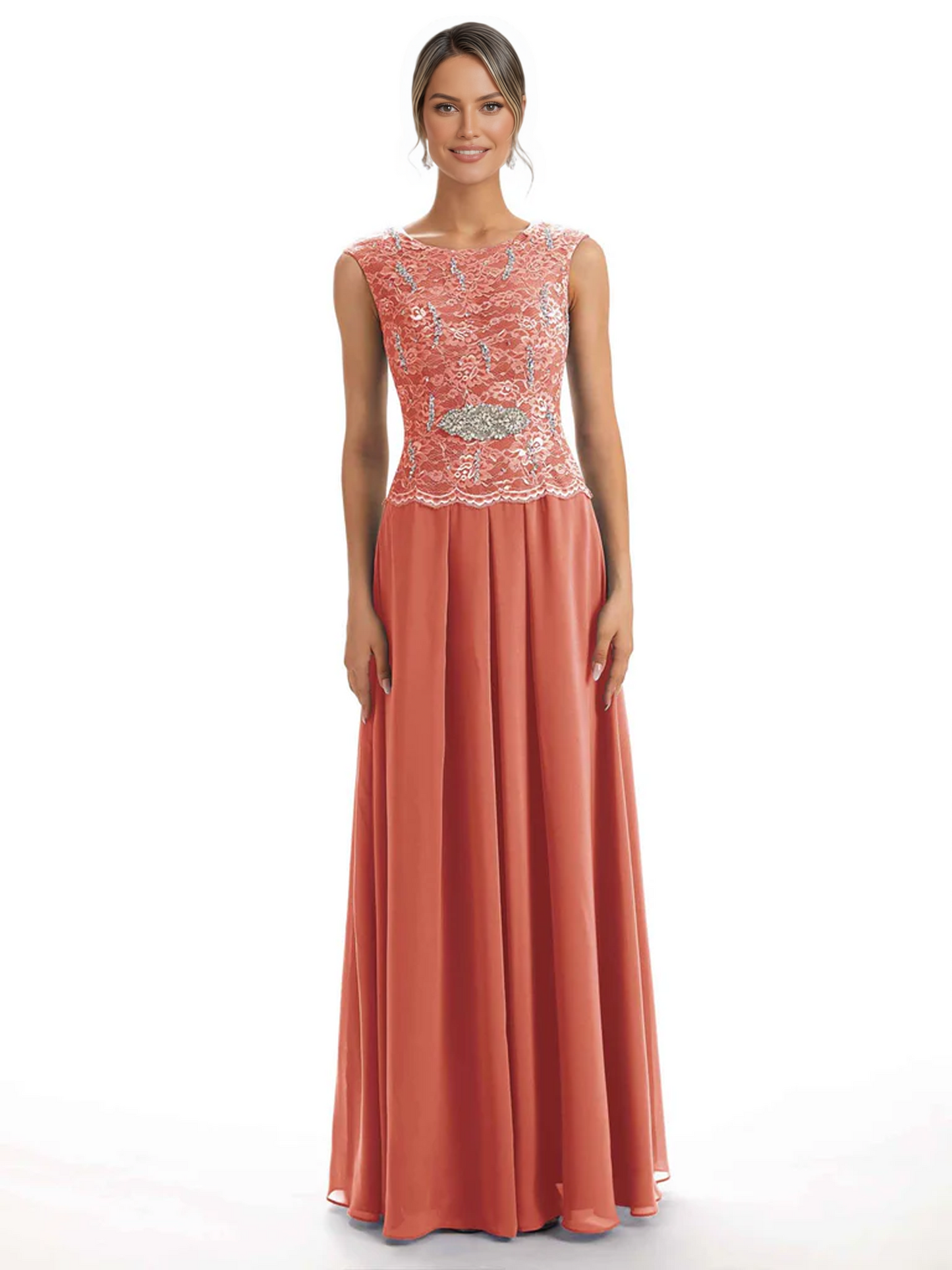 Mother of the Bride Dress Floor-Length Chiffon Gown with Embroidered Lace Bodice