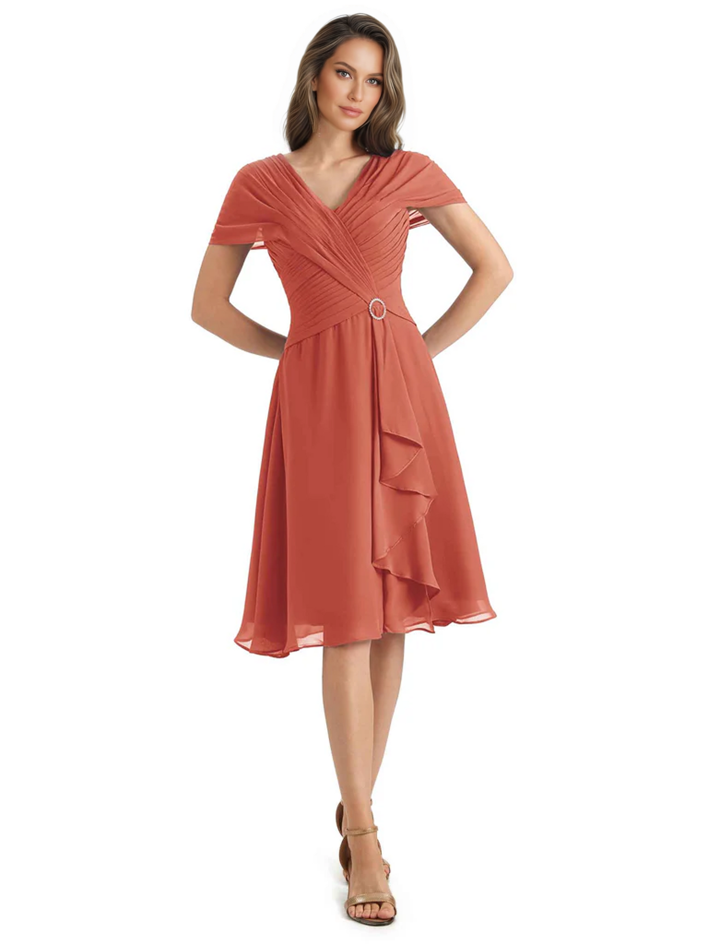 Mother of the Bride Dress Knee-Length V-Neck Chiffon Gown with Ruched Bodice