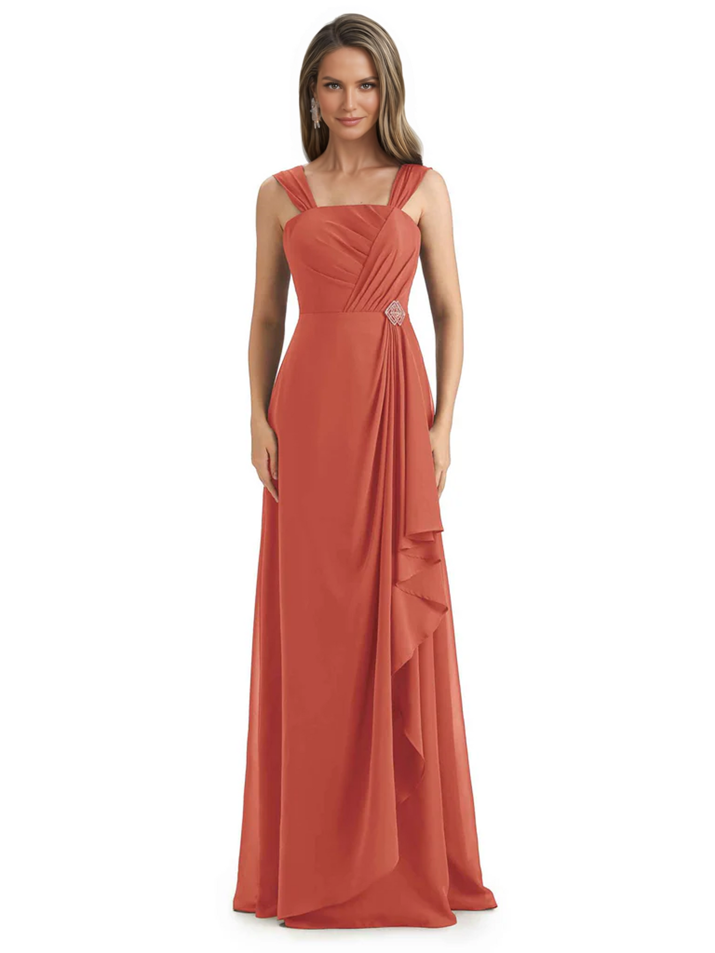Square Neck Mother of the Bride Dress Floor-Length Chiffon Gown with Ruched Bodice