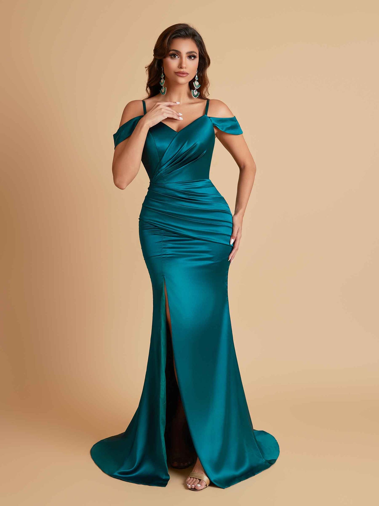 Sexy Soft Satin Mermaid Off Shoulder Side Slit Floor-Length Mermaid Bridesmaid Dresses