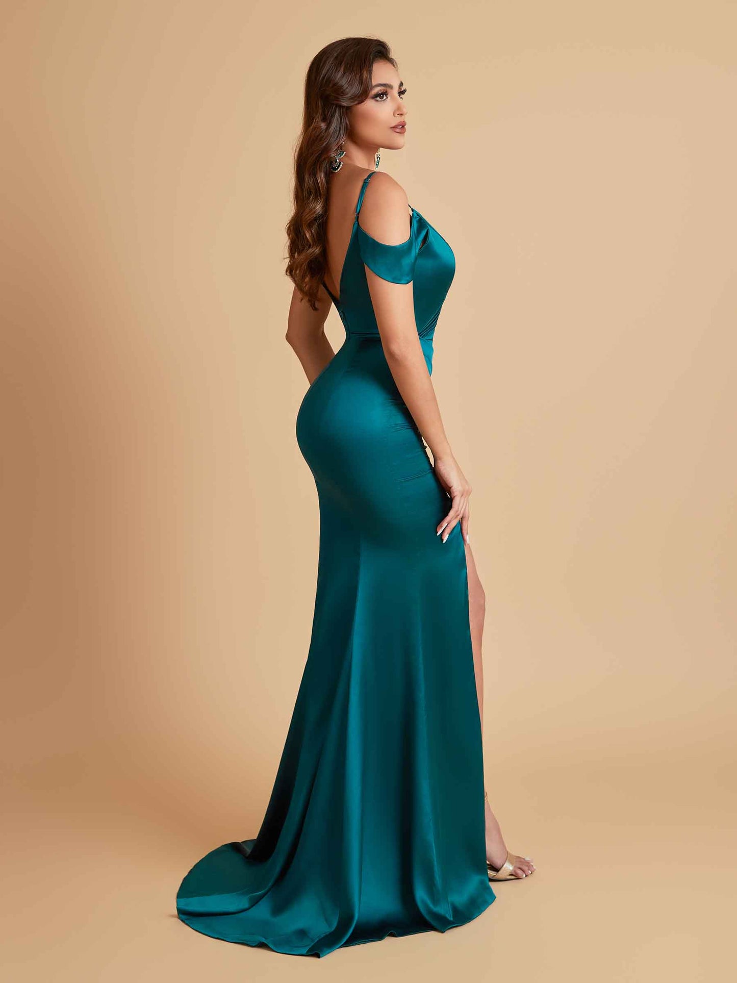 Sexy Soft Satin Mermaid Off Shoulder Side Slit Floor-Length Mermaid Bridesmaid Dresses