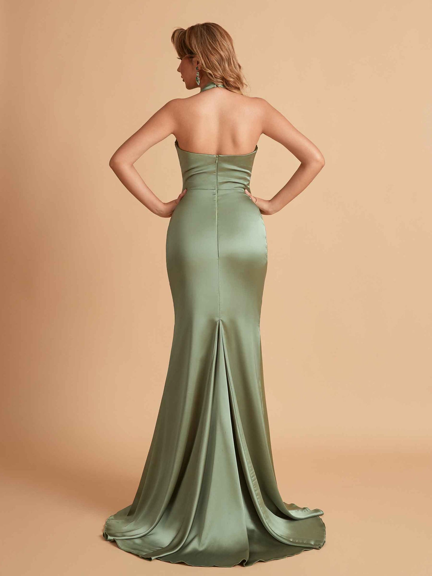 Sexy Halter Satin V-neck Mermaid Corset Top Long Bridesmaid Dresses