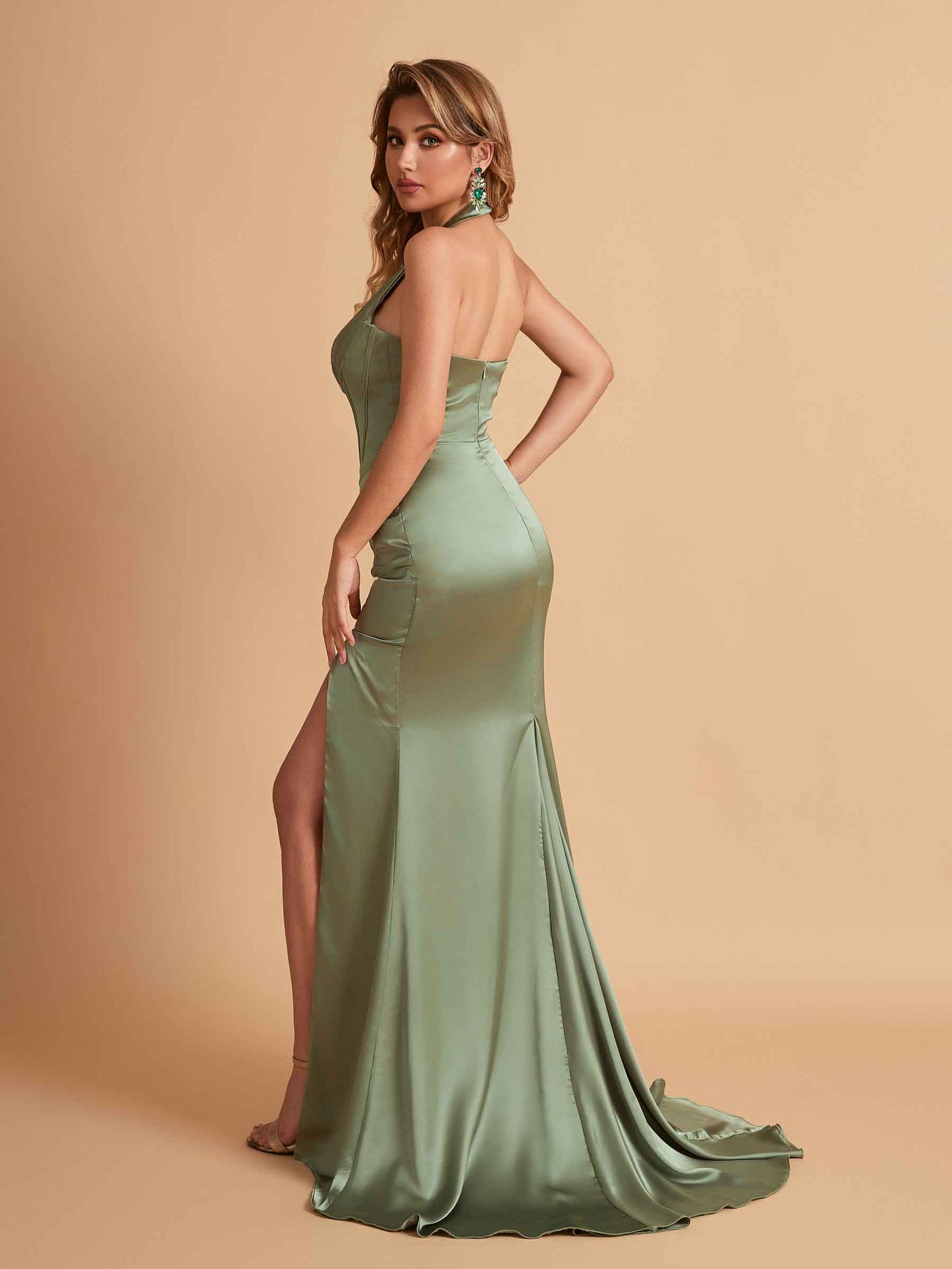 Sexy Halter Satin V-neck Mermaid Corset Top Long Bridesmaid Dresses