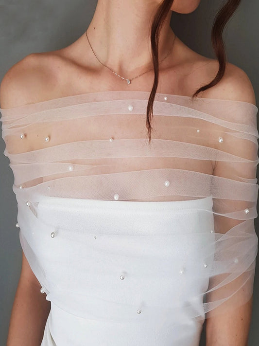 Elegant White Off the Shoulder Tulle Shawl For Woman