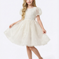 Puff Sleeve Flower Girl Gown with Embroidered Bodice and Tea Length Princess Tulle Skirt