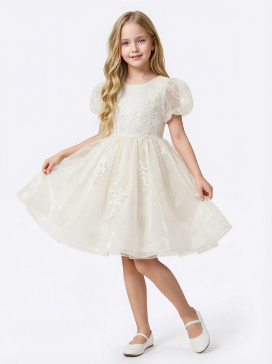 Puff Sleeve Flower Girl Gown with Embroidered Bodice and Tea Length Princess Tulle Skirt