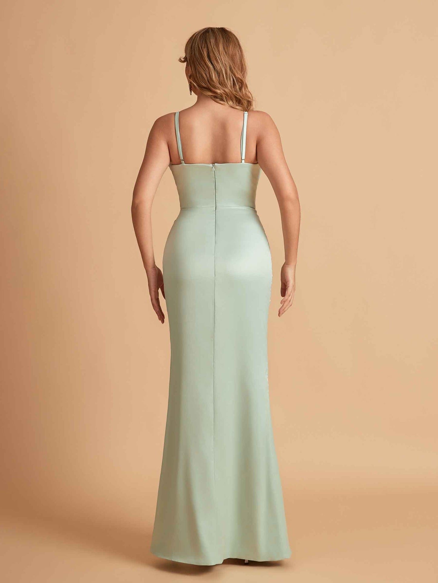 Elegant Satin Spaghetti Straps V-Neck Mermaid With Pleats and Flower Long Bridesmaid Dresses