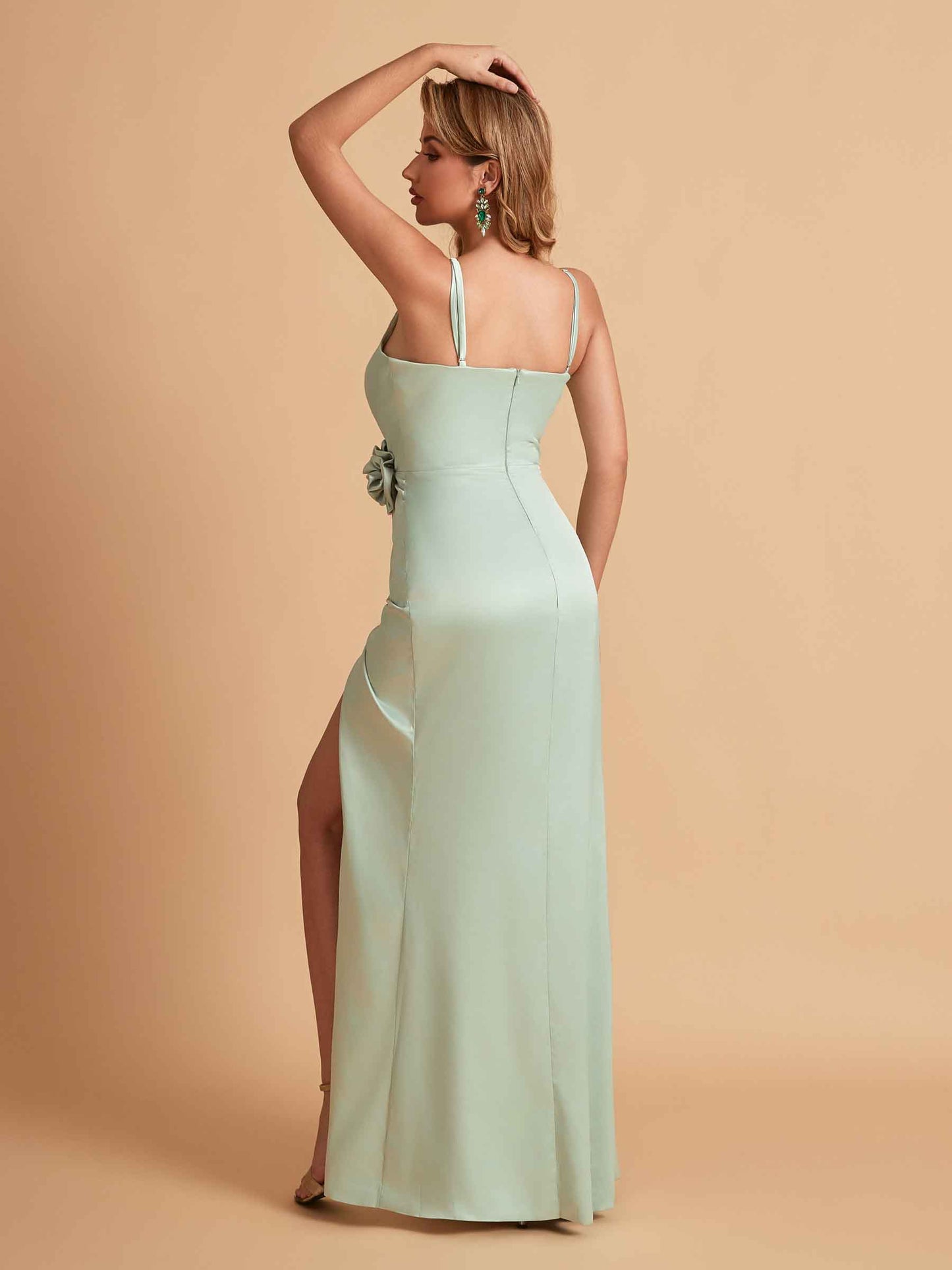 Elegant Satin Spaghetti Straps V-Neck Mermaid With Pleats and Flower Long Bridesmaid Dresses