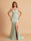 Elegant Satin Spaghetti Straps Mermaid Side Slit Floor Length Bridesmaid Dresses