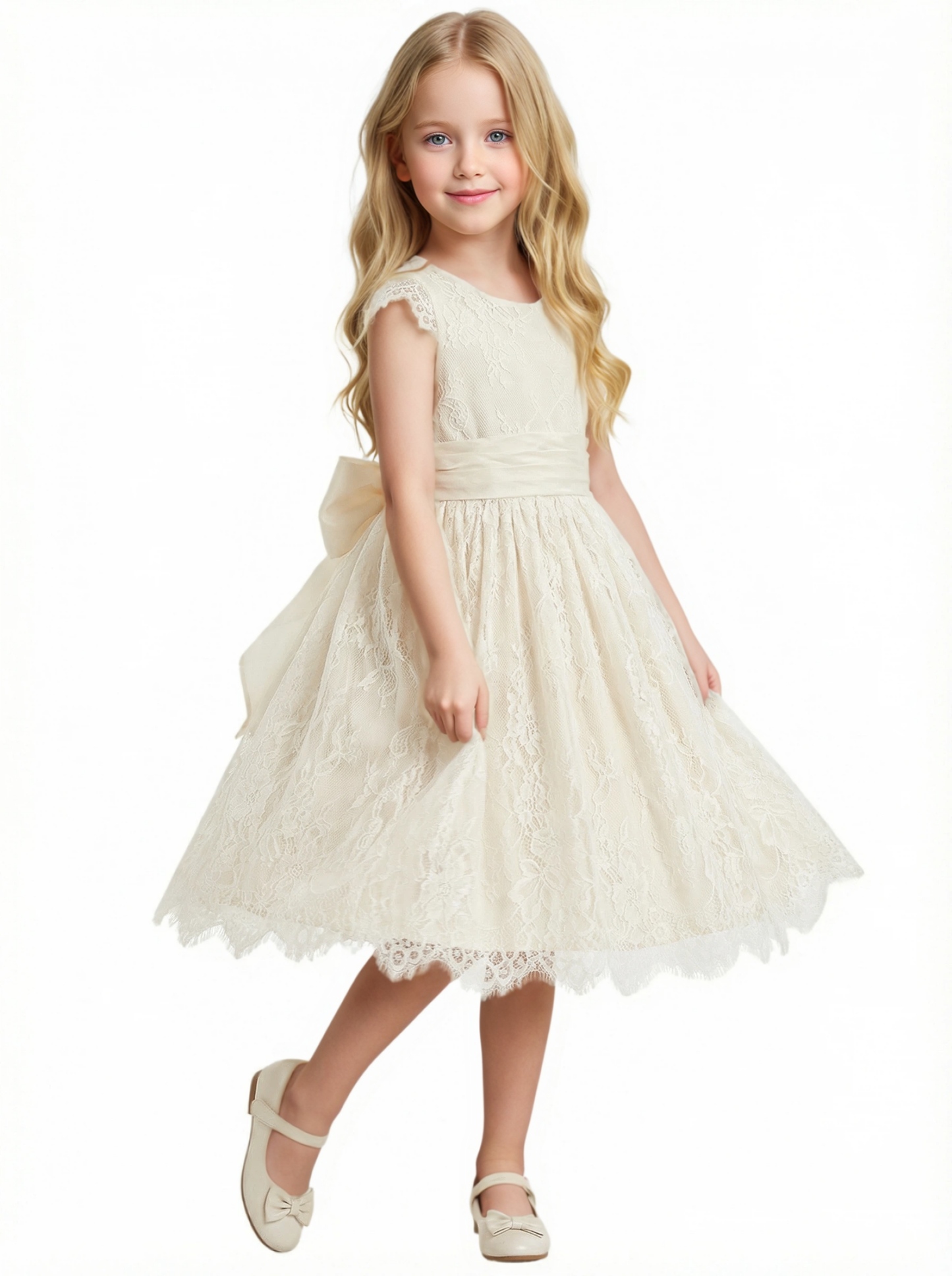 Flower Girl Dress Tulle Scoop Neck Big Bow Back Ball Gown Knee Length Wedding Party Gown