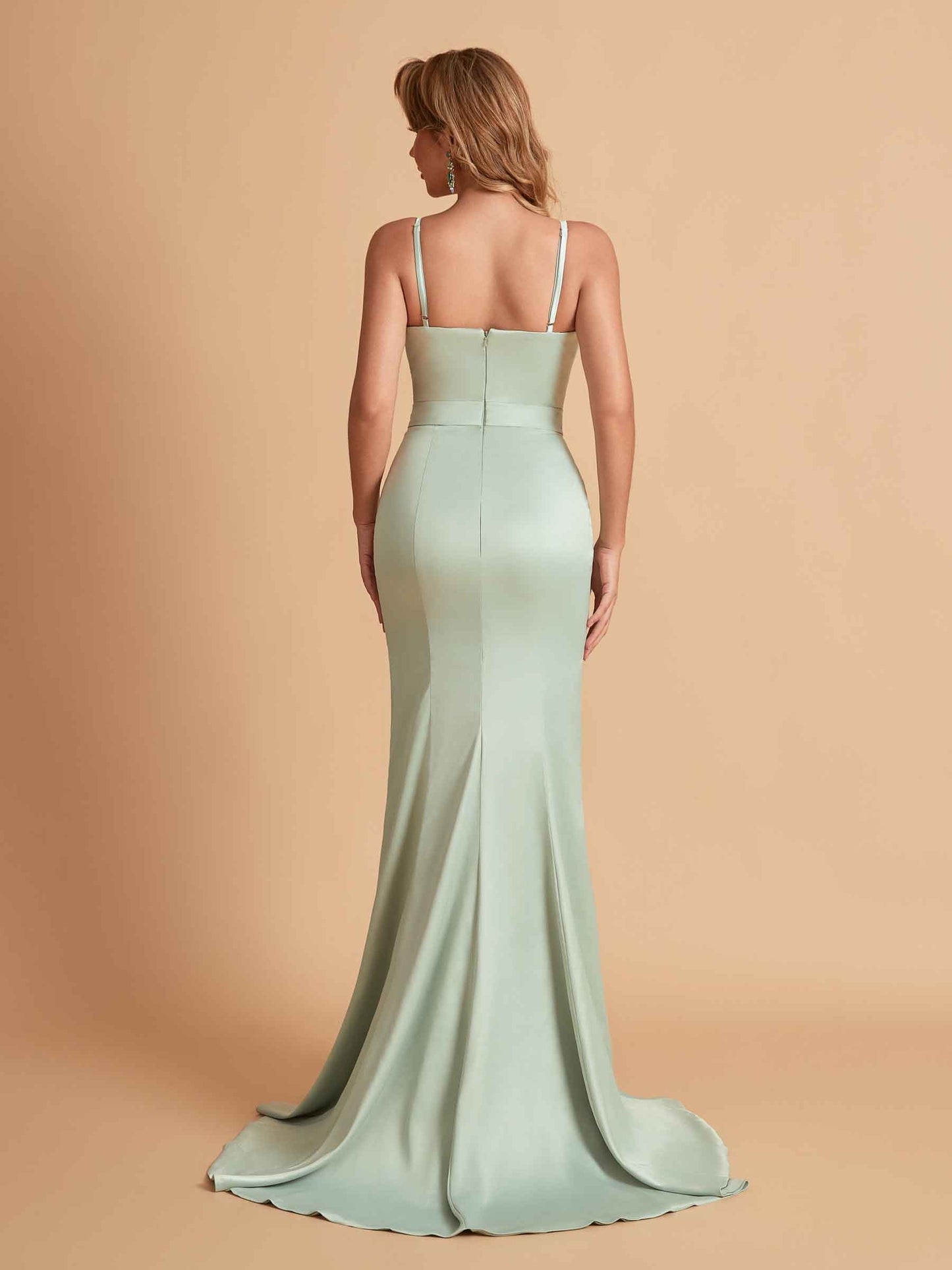 Elegant Satin Spaghetti Straps Mermaid Side Slit Floor Length Bridesmaid Dresses