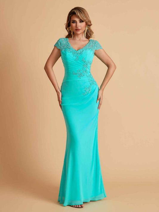 Elegant Mermaid Chiffon Cap Sleeves V-Neck Mother of the Brides Dresses Online