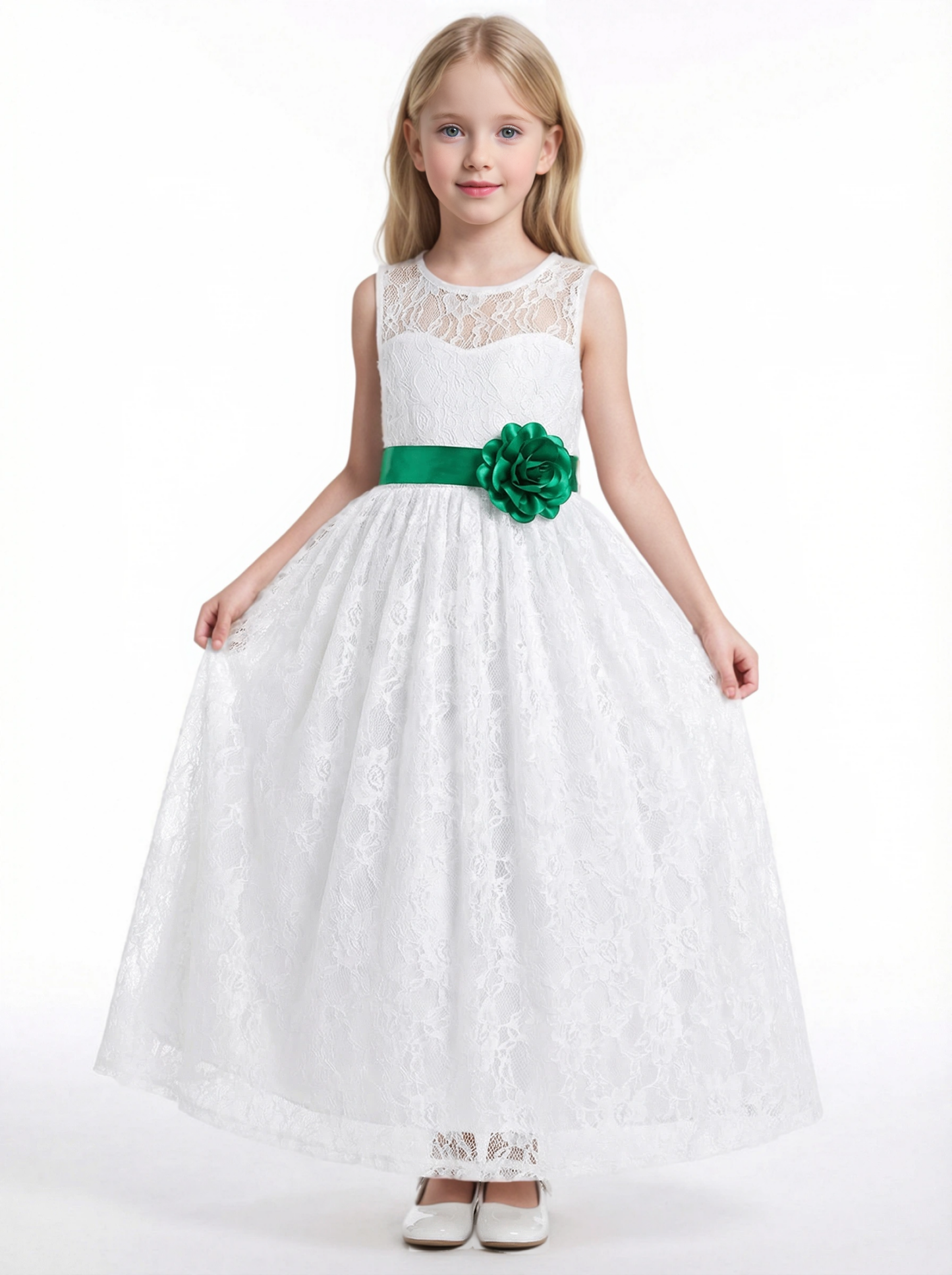 Lace A-Line Flower Girl Dress with Sleeveless Illusion Neckline and Floor Length Tulle Skirt