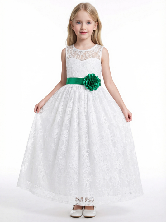 Lace A-Line Flower Girl Dress with Sleeveless Illusion Neckline and Floor Length Tulle Skirt