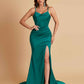 Sexy Spaghetti Straps V Neck Soft Satin Side Slit Floor-Length Mermaid Bridesmaid Dresses