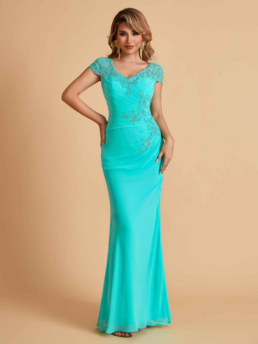 Elegant Mermaid Chiffon Cap Sleeves V-Neck Mother of the Brides Dresses Online