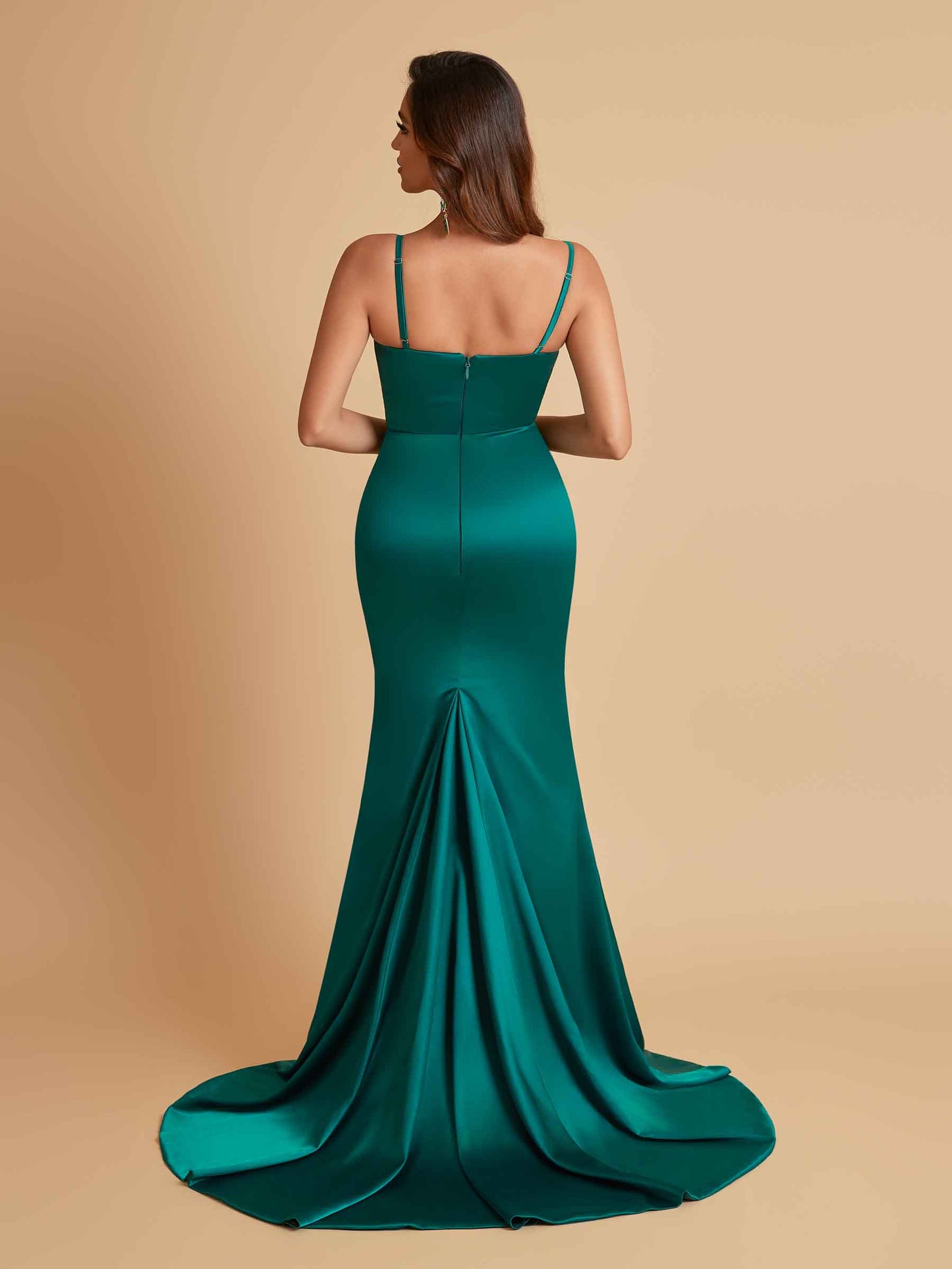 Sexy Spaghetti Straps V Neck Soft Satin Side Slit Floor-Length Mermaid Bridesmaid Dresses