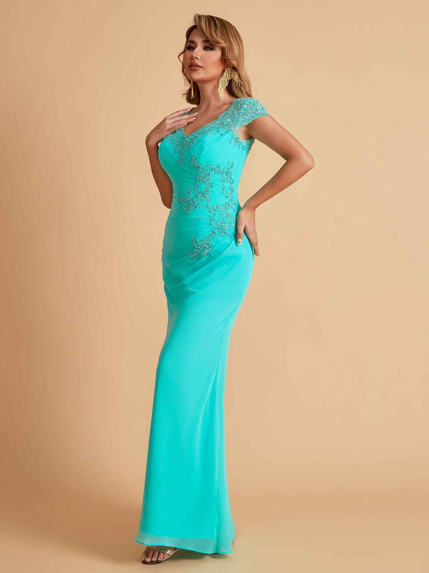 Elegant Mermaid Chiffon Cap Sleeves V-Neck Mother of the Brides Dresses Online