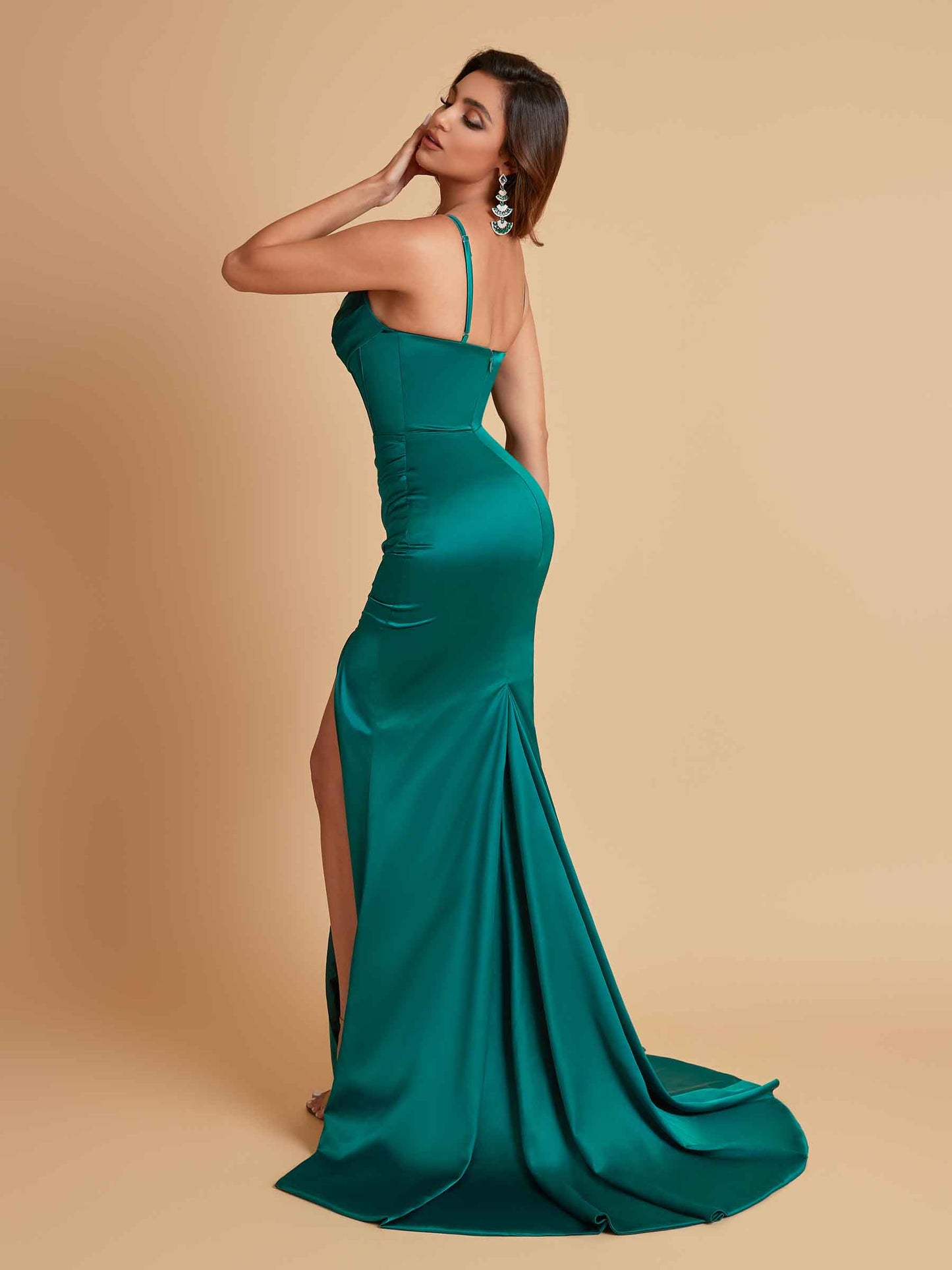 Sexy Spaghetti Straps V Neck Soft Satin Side Slit Floor-Length Mermaid Bridesmaid Dresses