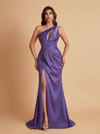 Sexy One Shoulder Soft Satin Side Slit Floor-Length Mermaid Bridesmaid Dresses