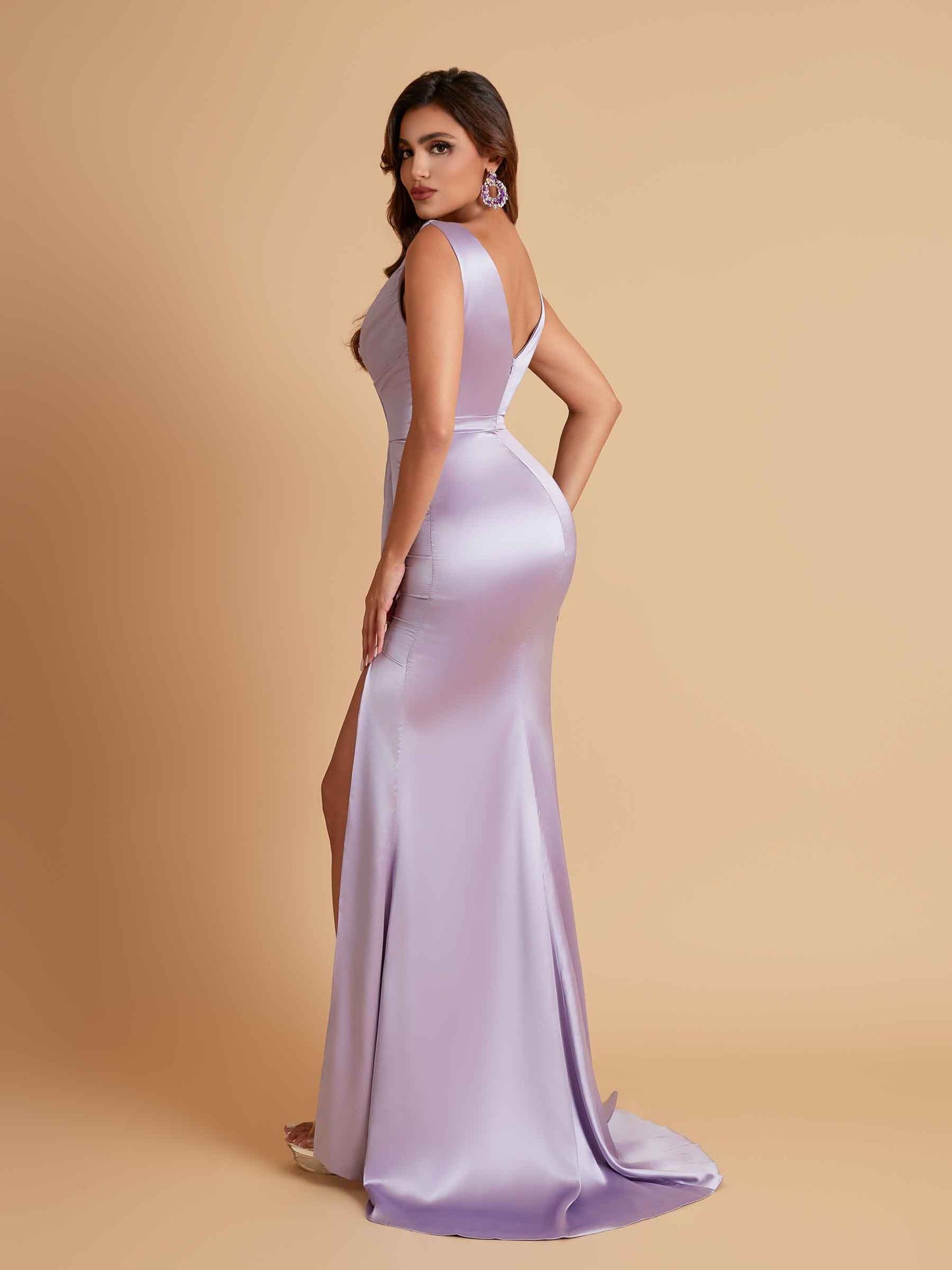 Elegant V Neck Soft Satin Side Slit Floor-Length Mermaid Bridesmaid Dresses