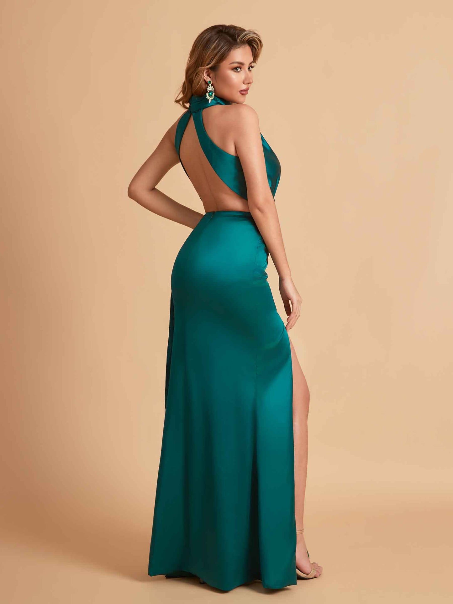 Elegant Satin Halter Mermaid Side Slit Floor Length Bridesmaid Dresses