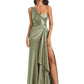 Elegant Soft Satin Side Slit One Shoulder Sexy Mermaid Long Boho Wedding Guest Dress