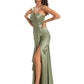 Elegant Soft Satin Side Slit One Shoulder Sexy Mermaid Long Boho Wedding Guest Dress