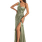 Elegant Soft Satin Side Slit One Shoulder Sexy Mermaid Long Boho Wedding Guest Dress