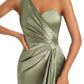 Elegant Soft Satin Side Slit One Shoulder Sexy Mermaid Long Boho Wedding Guest Dress
