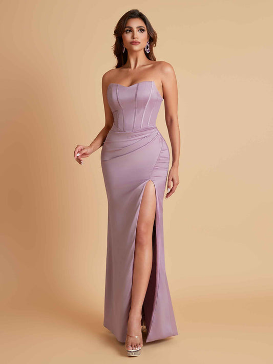 Sexy Strapless Soft Satin Side Slit Floor-Length Mermaid Bridesmaid Dresses