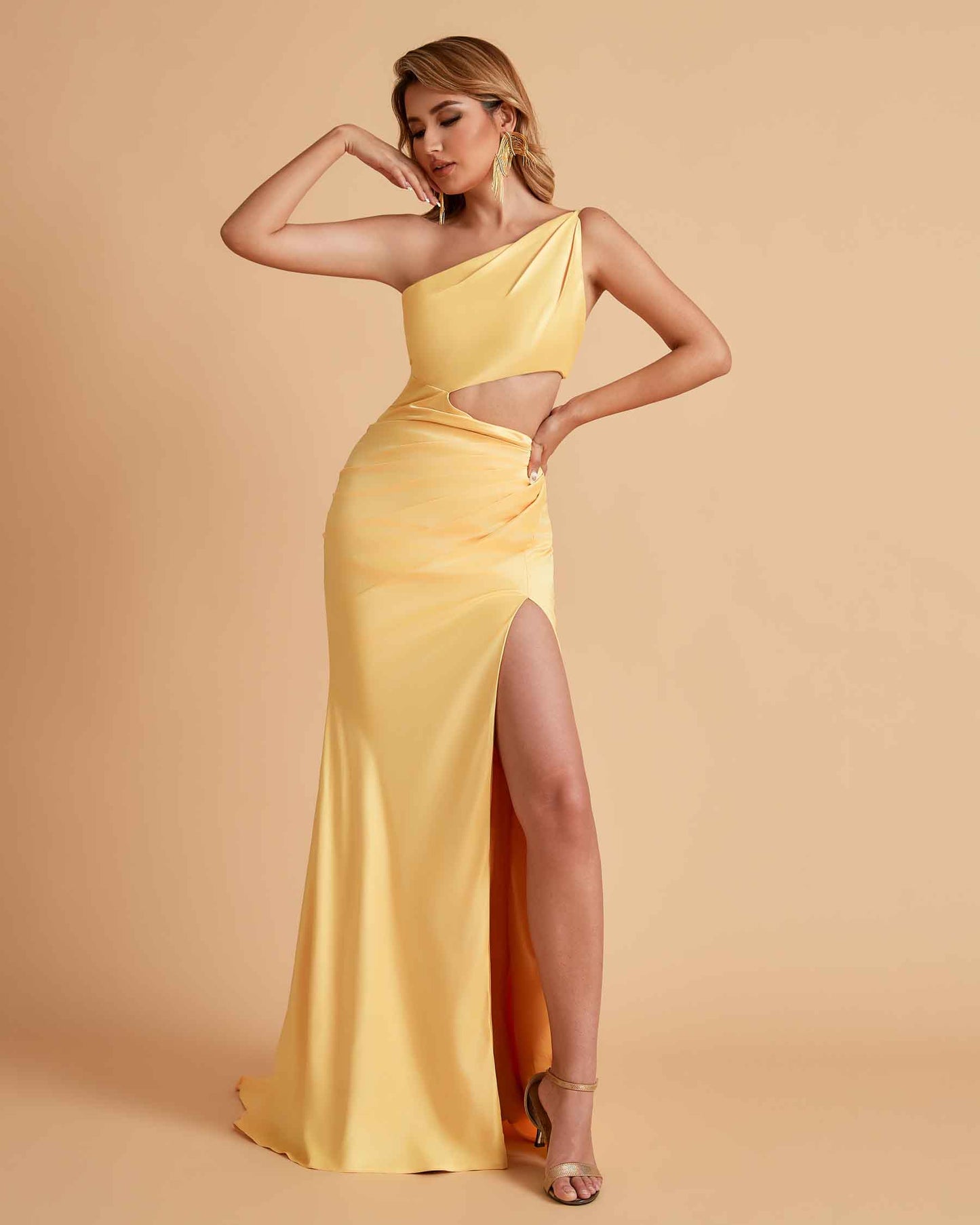 Sexy One-Shoulder Waist Cutout With High Split Floor-Length Bridesmaid Dresses