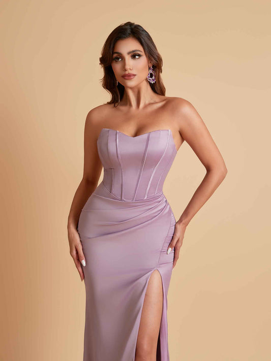 Sexy Strapless Soft Satin Side Slit Floor-Length Mermaid Bridesmaid Dresses