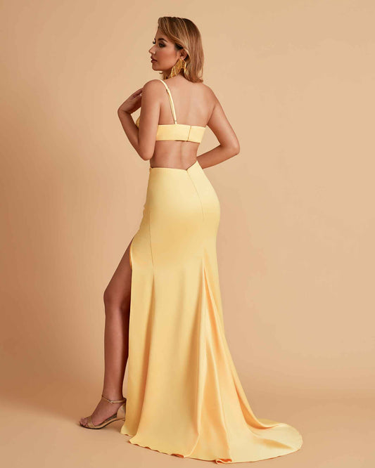 Sexy One-Shoulder Waist Cutout With High Split Floor-Length Bridesmaid Dresses