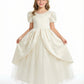 Vintage Style Flower Girl Dress with Puff Sleeves Structured Bodice and Layered Tulle Skirt