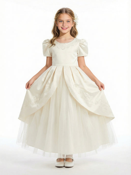 Vintage Style Flower Girl Dress with Puff Sleeves Structured Bodice and Layered Tulle Skirt