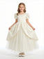 Vintage Style Flower Girl Dress with Puff Sleeves Structured Bodice and Layered Tulle Skirt
