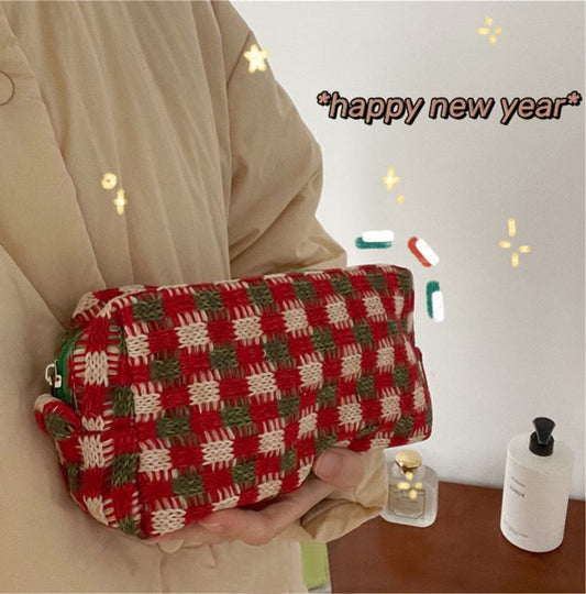 Retro Christmas Thick Knitted Plaid Portable Large-capacity Cosmetic Bag Storage Bag -- Christmas Special Gift