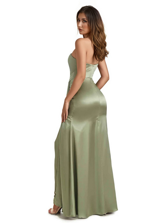 Elegant Soft Satin Side Slit One Shoulder Sexy Mermaid Long Boho Wedding Guest Dress