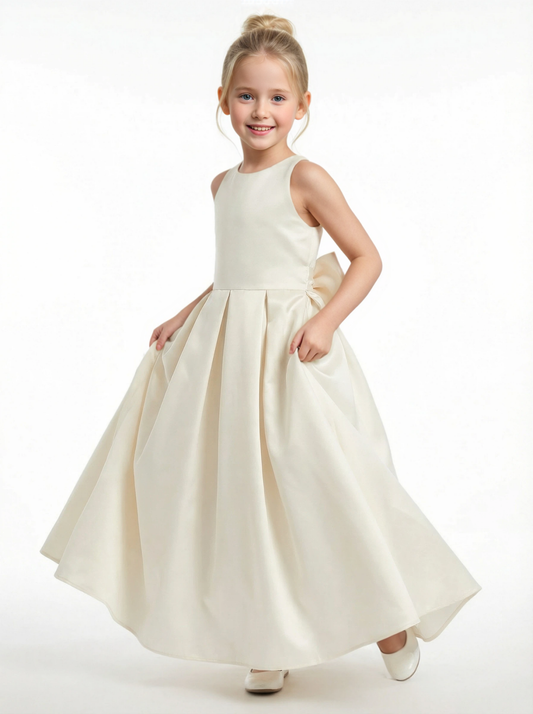 Satin Junior Bridesmaid Dress Bow Knot Skirt Round Neck Modest Long Flower Birthday Dress
